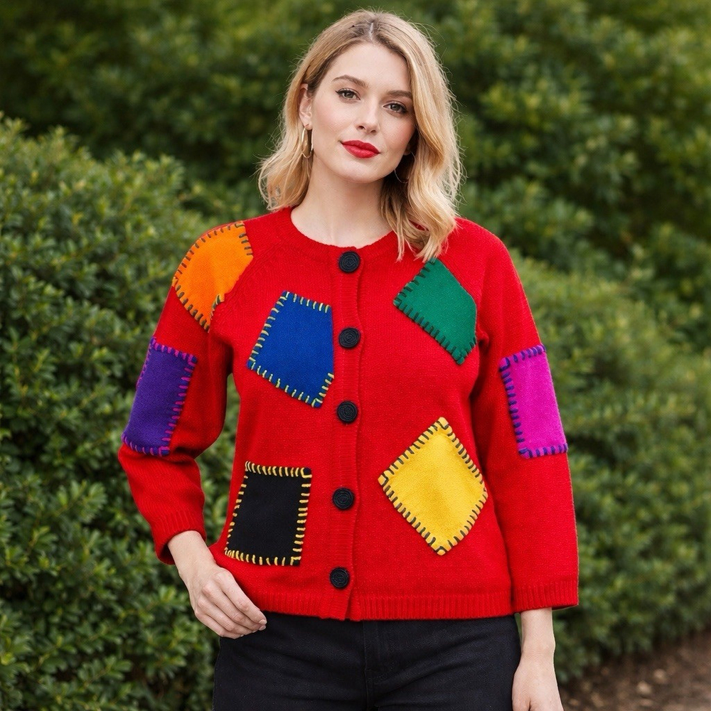 Michael Simon VTG Red Patchwork Cardigan OS M-L Whipstitch Applique Knit Sweater